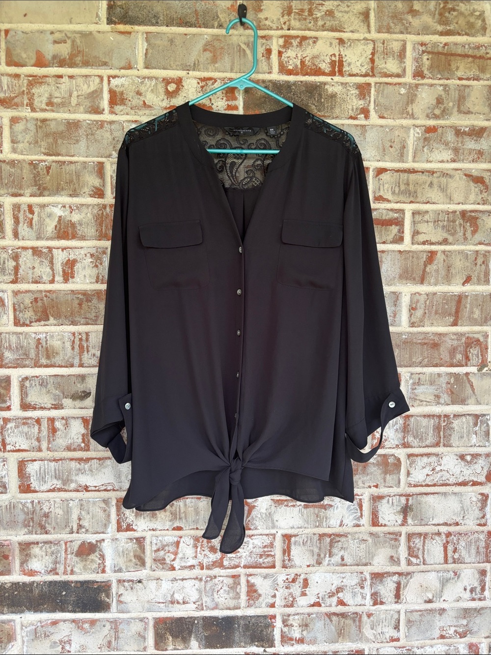 Investments Black Button-Front‎ Tie Hem Blouse with Lace Yoke